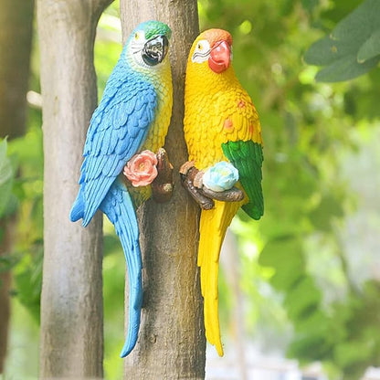 12.7in Fake Parrots Statue for Outdoor Pool Deck Decorations, Resin Lifesize Hawaiian Tropical Birds Decor for Patio, Wall Parrot Decor, Plastic Parrot Sculpture for Yard, Palm Tree(Yellow)
