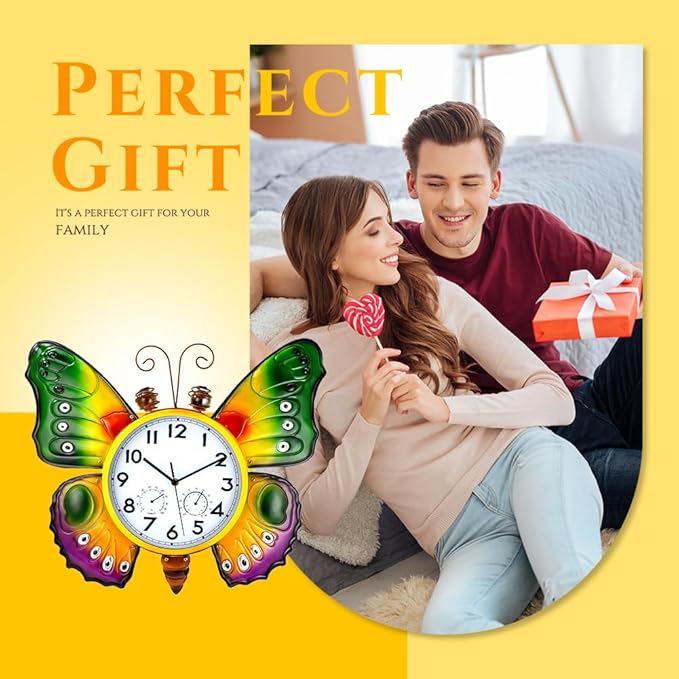 Large Outdoor Clock with Thermometer & Humidity - Silent Non-Ticking, Butterfly Outdoor Wall Clock for Patio, Garden, Kitchen, Living Room(Green & Gold)