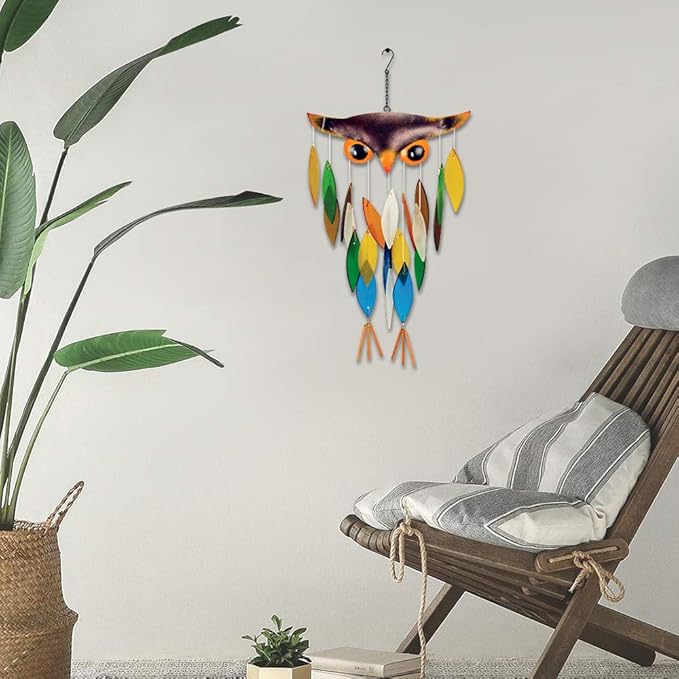 Vindar Wind Chime, Iron Folk Art Owl Model Design Glass Wind Chimes for Wall Hanging Home Art Decor, Beautiful Apartment Room Dorm Decoration, Great Gift Decor for Terrace,Patio,Porch,Garden,Backyard