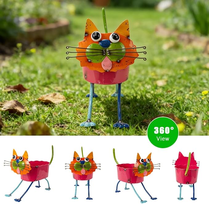 Oak & Lore Whimsical Metal Cat Garden Statues, Colorful Cartoon Cat Garden Sculptures & Statues with Planters for Patio Lawn & Yard Art Decor