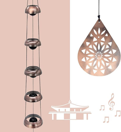 36" Copper Temple WindChimes with 5 Bells, Melodious Zen Feng Shui Wind Bells for Outside, Memorial Wind Chime Sympathy Gift with Unique Teardrop Mandala Sail, Decorative Garden Decor for Yard Patio