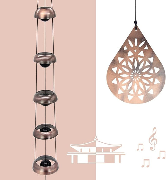 36" Copper Temple WindChimes with 5 Bells, Melodious Zen Feng Shui Wind Bells for Outside, Memorial Wind Chime Sympathy Gift with Unique Teardrop Mandala Sail, Decorative Garden Decor for Yard Patio