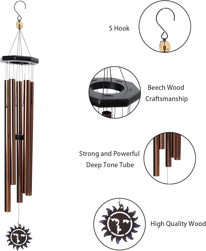 Taman Wind Chimes for Outside, 37” Sun Face Aluminum Deep Tone Wind Chimes Sympathy Memorial for Loss of a Loved One Condolence Gift Garden Patio Outdoor Home Decoration