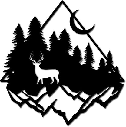 CREATCABIN Deer Pine Tree Metal Wall Art Decor Mountain Forest Black Wall Signs Iron Hanging Metal Ornament Sculpture for Balcony Garden Home Bedroom Decoration Outdoor 11.8x11.6Inch