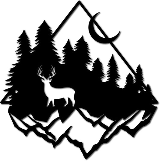 CREATCABIN Deer Pine Tree Metal Wall Art Decor Mountain Forest Black Wall Signs Iron Hanging Metal Ornament Sculpture for Balcony Garden Home Bedroom Decoration Outdoor 11.8x11.6Inch