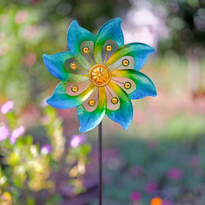 DREAMYSOUL Metal Garden Pinwheels, 9.6" Dia*40" H Kinetic Wind Spinners, Outdoor Spinners for Yard and Garden Art Lawn Decor (Cyan)