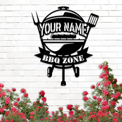 MeMate BBQ Zone Signs, Grill Sign to Personalize, Personalized Barbecue Metal Signs Kitchen Decor, Custom Name Outdoor Plaques for Backyard, Patio, Porch, Deck, Rustic Decorations for Man Cave
