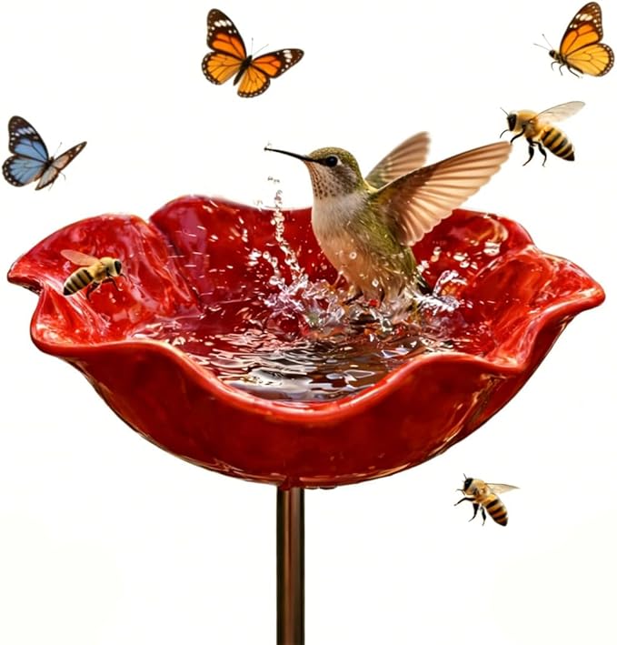Handmade Metal Flower Garden Stake, Handmade Metal Flower Bird Bath & Pollinator Water Station, Colorful Bee/Butterfly/Bird Watering Station for Garden (1Pcs)