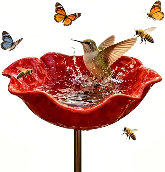 Handmade Metal Flower Garden Stake, Handmade Metal Flower Bird Bath & Pollinator Water Station, Colorful Bee/Butterfly/Bird Watering Station for Garden (1Pcs)