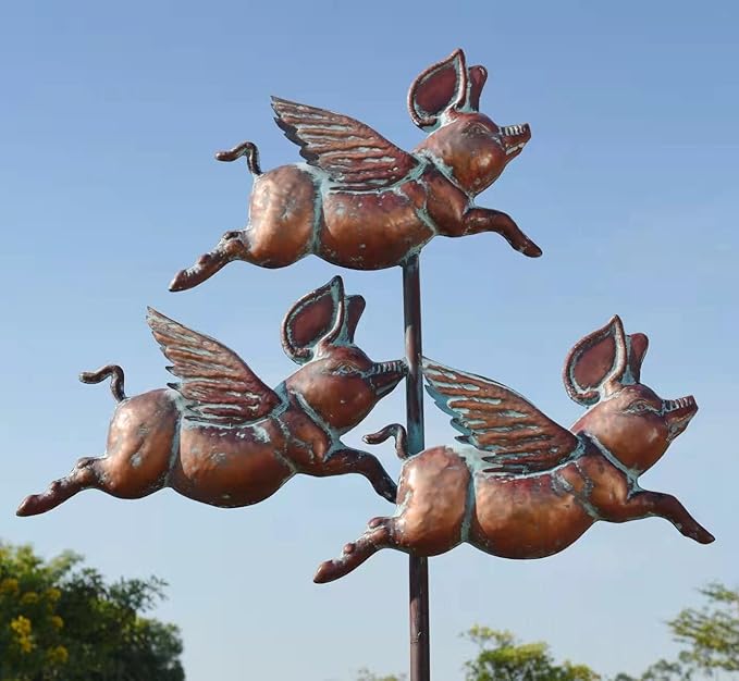 Metal Flying Pigs Spinner Outdoor Decorative Stake, Waterproof Garden Decor, Animal Art Sculpture & Statue Decoration for Yard, Patio, Lawn