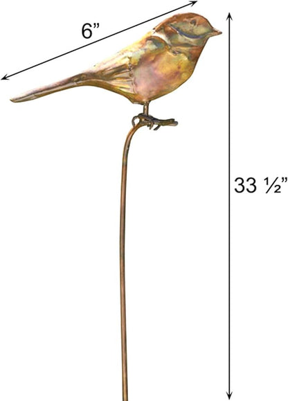 BestNest Ancient Graffiti Flamed Copper Garden Stakes, Set of 3 Metal Outdoor Yard Ornaments with Songbird, Dragonfly & Hummingbird Toppers, Decorative Staked Garden Art