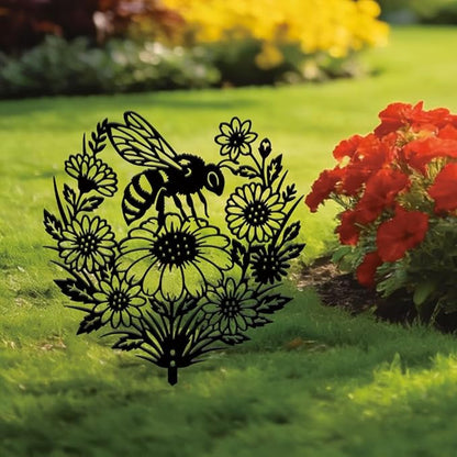 SUPERDANT 1 Pcs Metal Garden Stake Bee Flowers Silhouette Yard Art Plug-In Black Sunflower Iron Decor Lawn Ornament Sign For Lawn Patio Courtyard Farm