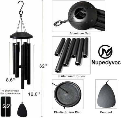 32” Large Black Aluminum Wind Chimes with Aluminum Cap for Outside, Deep Tone Outdoor Garden Patio Weather Resistant Metal Decor, Ideal Gift for Birthday, Mother's Day, Ambiance, Living Enhancement