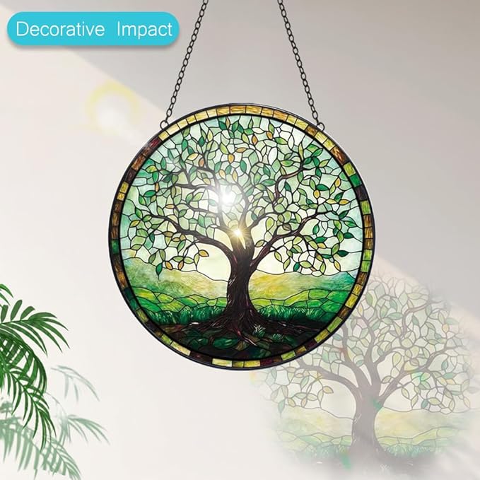 Mom Grandma Gift, Tree of Life Suncatcher, Stained Glass Window Hanging, Sun Catchers Indoor Window, Handmade Suncatchers for Windows Hanging, Spring Home Garden Decor Glass Panel