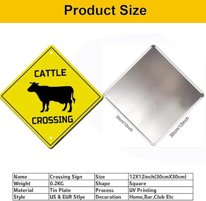 Cattle Crossing Sign Funny Novelty Metal Tin Sign for Bar Club Country Home Coffee Shop Indoor& Outdoor Decor Yellow Street Sign 12X12inch