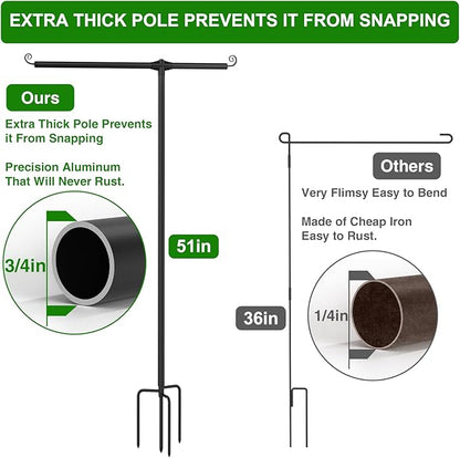 Garden Flag Stand Holder with Shepherd Hooks for 12 x 18 Flag, 51 Inch Height with 3/4 Inch Extra Thick Heavy Duty Garden Flag Pole with 4 Prong Base for Outside Home Yard Patio Decor