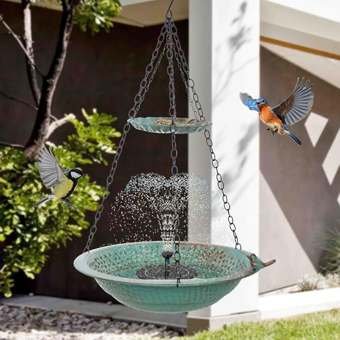 13 inch Rain Chain Basin, Metal Rain Chains Anchoring Bowl Dish, DIY Rain Chain Basin for Gutter Downspout, 2 Layer Hanging Birdbath for Outdoor Garden Patio Decor