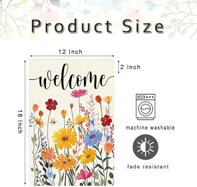 Spring Summer Garden Flag 12x18 Inch Double Sided Outside Colorful Floral Daisy Flowers Outdoor Seasonal Holiday Welcome Yard Porch Decoration