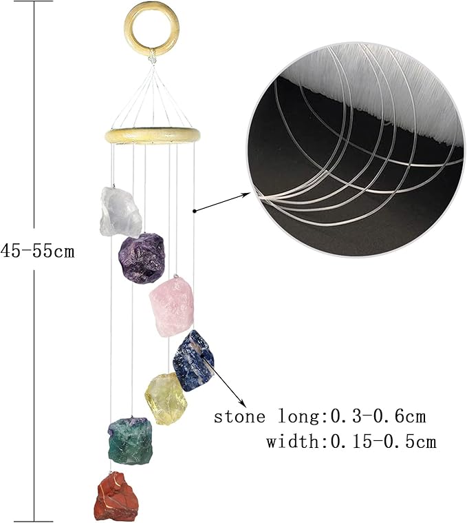 7 Chakra Color Raw Stone Wind Chime with Wooden Hanging Circle Boho Patio Home Garden Windows Wall Ornament
