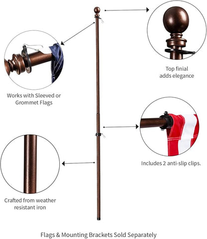 Evergreen Flag Telescoping 5ft Metal Flag Pole | Incl Two Tangle-Free Ring Clips | Bronze | Wall Mounted for Home Garden Outdoor | House and 3'x5' American Flags with Pole Sleeve or Grommets