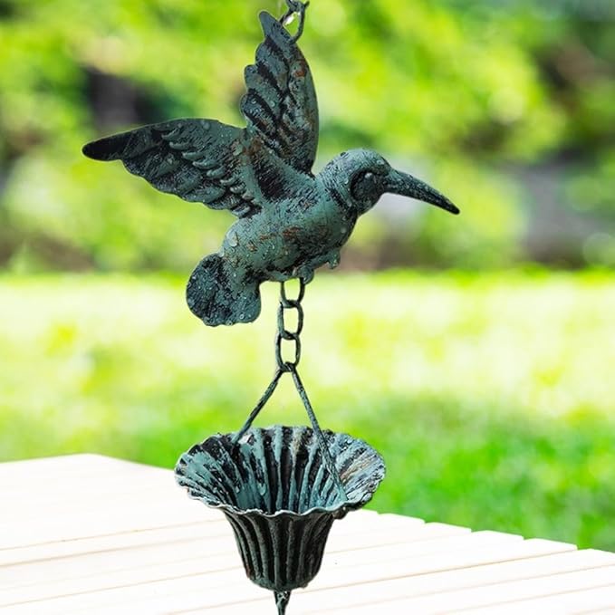 FABULETTA 8.5ft Metal Rain Chain for Outdoor Eaves Decoration, Vintage Garden Pendant with Rust-Resistant Design for Patio or Yard Water Flow(Blue)