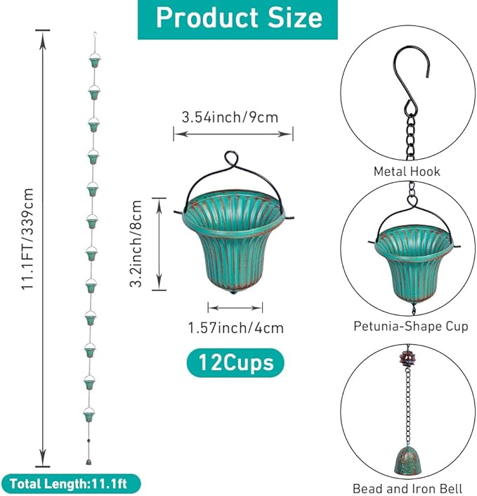 11ft Rain Chains for Outside, 12 Cups Rain Catcher Chain Replacement Downspout for Gutters, Adjustable Length(Green)