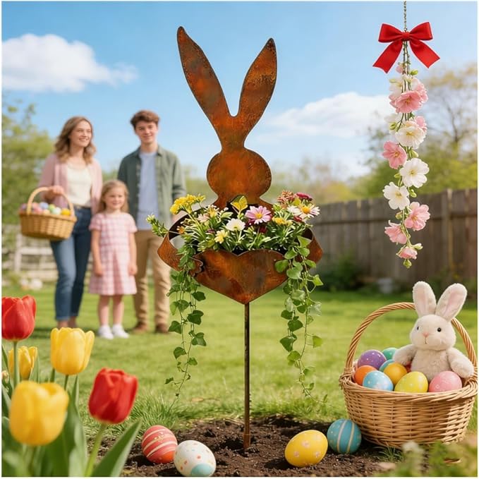 EPMANN Easter Vintage Metal Rabbit Shaped Planter Garden Stake, Rustic Patina Finish Bunny Decor for Outdoor Garden Yard, Decorative Stake for Small Flowers Succulents Spring Displays