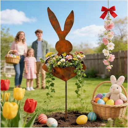 EPMANN Easter Vintage Metal Rabbit Shaped Planter Garden Stake, Rustic Patina Finish Bunny Decor for Outdoor Garden Yard, Decorative Stake for Small Flowers Succulents Spring Displays