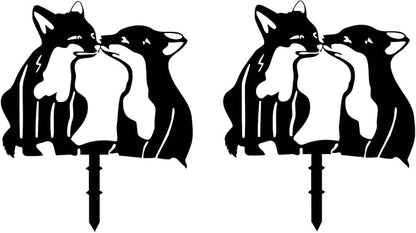 Adorable Fox Stake Decoration, Metal Yard Art Animal Stake Black Fox Silhouette Statues for Yard Lawn Outdoor Decorations (2PCS)