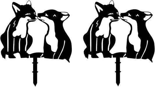 Adorable Fox Stake Decoration, Metal Yard Art Animal Stake Black Fox Silhouette Statues for Yard Lawn Outdoor Decorations (2PCS)