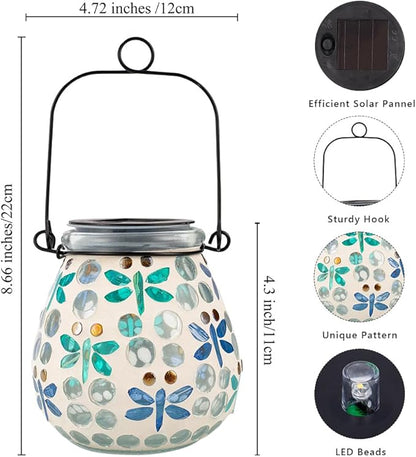 Stargarden Mosaic Solar Lanterns Outdoor Waterproof, Dragonfly Lanterns Decorative Outdoor, Glass Hanging Solar Lights Table Lamp for Yard, Garden Decor