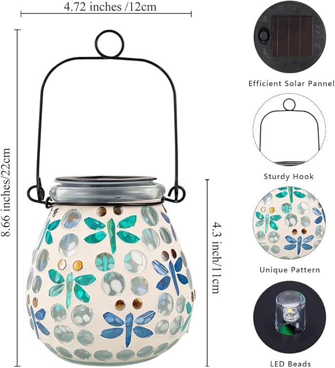 Stargarden 2 Pack Mosaic Solar Lanterns Outdoor Waterproof, Dragonfly Hanging Lantern Decorative Glass Solar Lights for Yard, Patio, Lawn, Gaden Decor