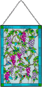 Viveta Hummingbird Stained Glass Window Hanging, Window Suncatchers with Chain, Bird and Flowers Stained Glass Panels for Windows Home Wall Art Decor(Rectangular 15 * 10")