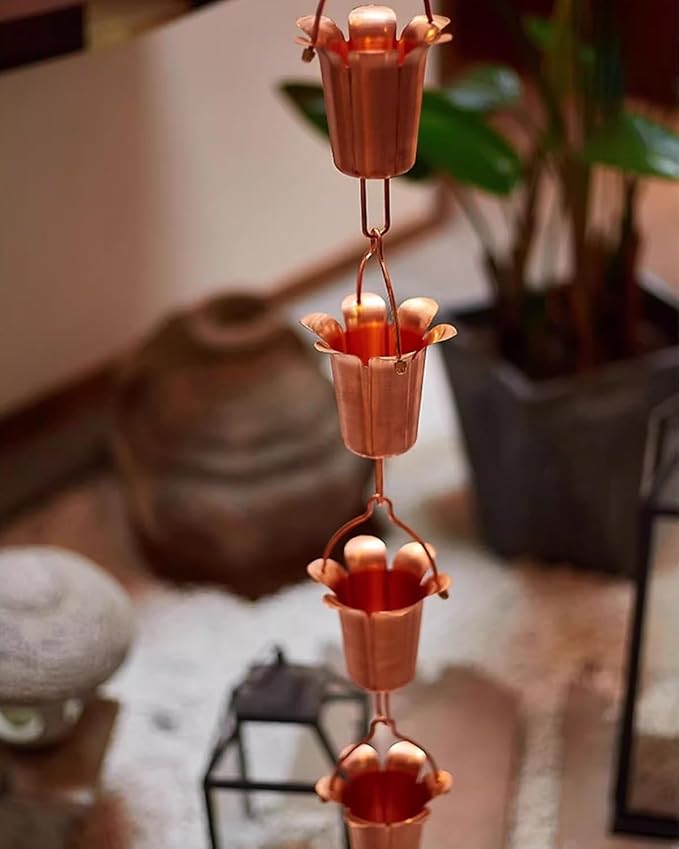 Hanging Rain Chains for Roof Gutter, Copper Rain Collector Cups Outdoor Decor, 100cm to 500cm Long Rain Drain Link Eavestrough Diverter,2.6m (8.5ft)