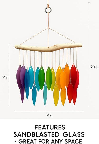 Rainbow Glass Wind Chime, Large 20″ – Multicolor Sandblasted Recycled Glass & Driftwood Coastal Hanging Chime for Porch, Patio & Home