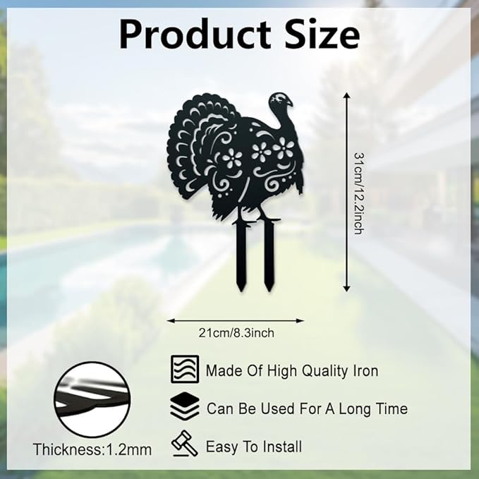 WADORN Turkey Decorative Silhouette Garden Stakes, Metal Turkey Animals Stakes Statues Ornaments Lovers Gifts Yard Art Black Silhouette Yard Outside Decor for Backyard Patio, 8.27x12.2 Inch