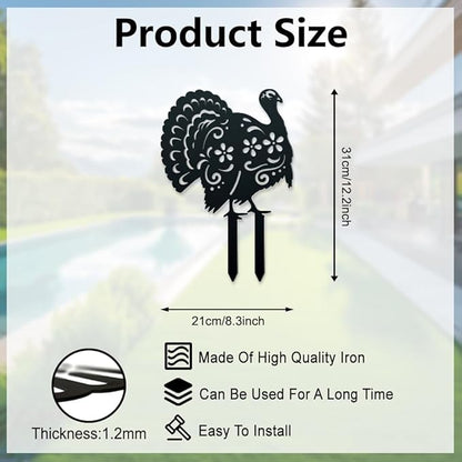 WADORN Turkey Decorative Silhouette Garden Stakes, Metal Turkey Animals Stakes Statues Ornaments Lovers Gifts Yard Art Black Silhouette Yard Outside Decor for Backyard Patio, 8.27x12.2 Inch