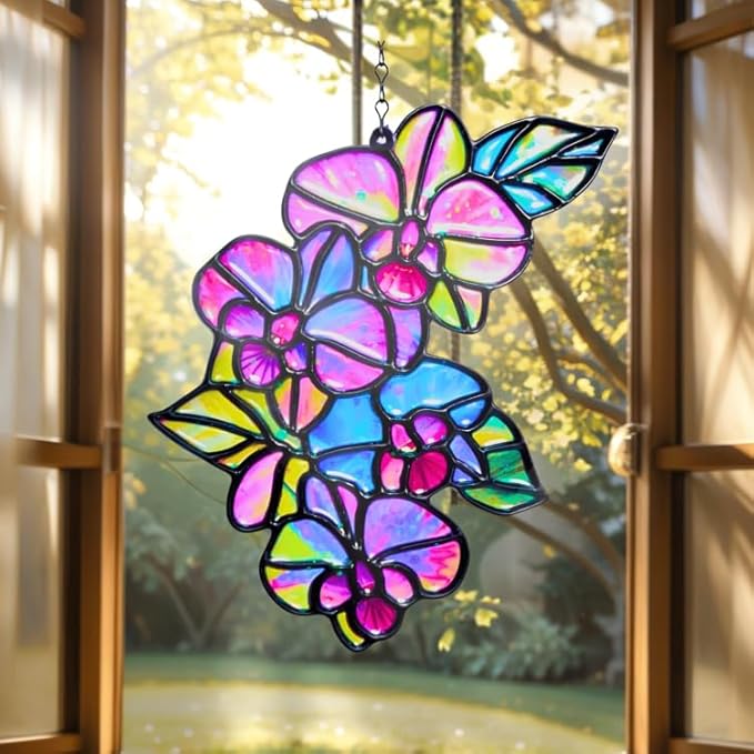 Orchid Flower Handmade Resin Suncatchers, Artisan Sun Catcher, Stained Glass Effect, Flower Suncatchers for Window Hanging, Garden Decor, Gift for Mother's Day Mom Women Grandma Wife