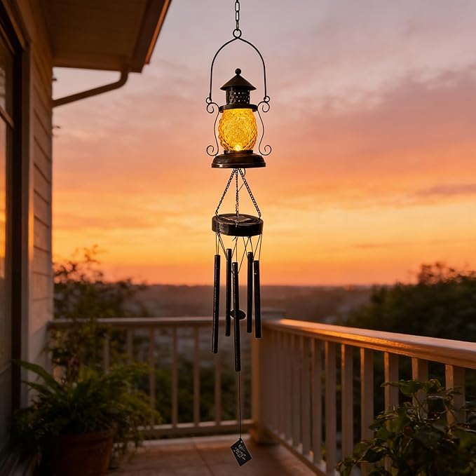 Solar Oil Lamp Wind Chimes for Outside, Hanging Memorial Wind Chimes for Mom Women Grandma, Flower Solar Lantern Windchimes Outdoors for Garden Decor
