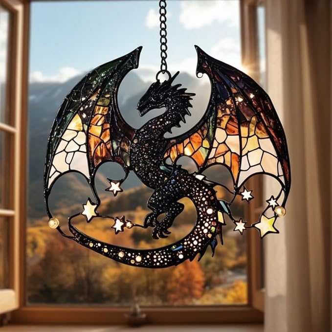 Acrylic Suncatcher Indoor Colorful Window Hanging Ornament Outdoor Sun Catcher Panel for Home Decor Car Garden Crystal Gift Fantasy Dragon and Stars Suncatcher