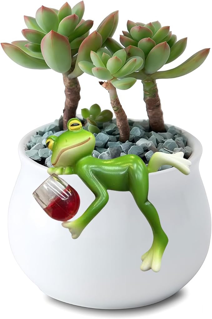 Miniature Frog Figurines Plant Decorations for Pots, Funny Drinking Frog Statue Flower Pot Hugger Resin Hanging Figurine Planter Pot Decorations for Flower, Lawn, Yard Ornament