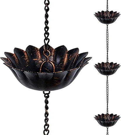 hogardeck 8.5FT Rain Chain with 12 Cups for Gutters Outside, Decorative Metal Rain Catcher with Adapter, Stake & Bell for Downspout Replacement, Garden Drainage, Eaves