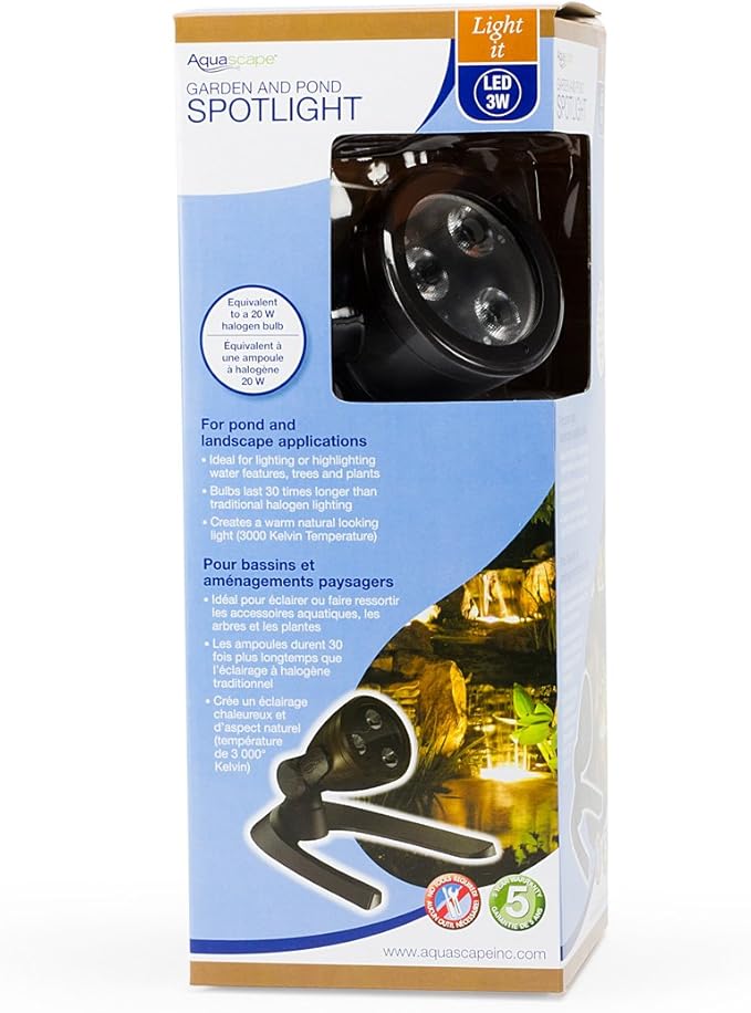 Aquascape 3-Watt Submersible Underwater Warm White LED Spotlight for Ponds, Water Features & Landscape Lighting, 84033