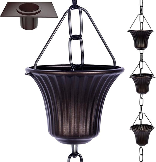 Rain Chain Set 8.5 Ft,Not Rust Wrought Iron Rain Chains for Gutters with Adapter Gotta Drain and Anchoring Stake, 14 Cups, 1 Hook, Adjustable Length for Garden Decorative (Coffee)