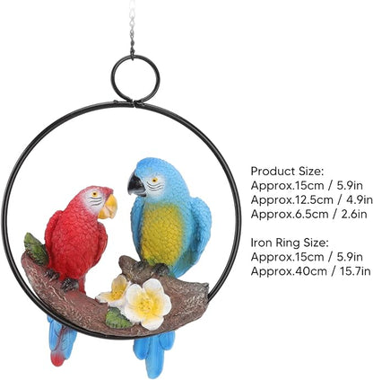 Garden Iron Ring Parrot Pendant, Hanging Parrot Sculpture, Garden Iron Ring Parrot Pendant, Parrot Statue On Metal Ring Garden Bird Hanging Chain Statue Decor Small Red Blue Macaw for Patio Home