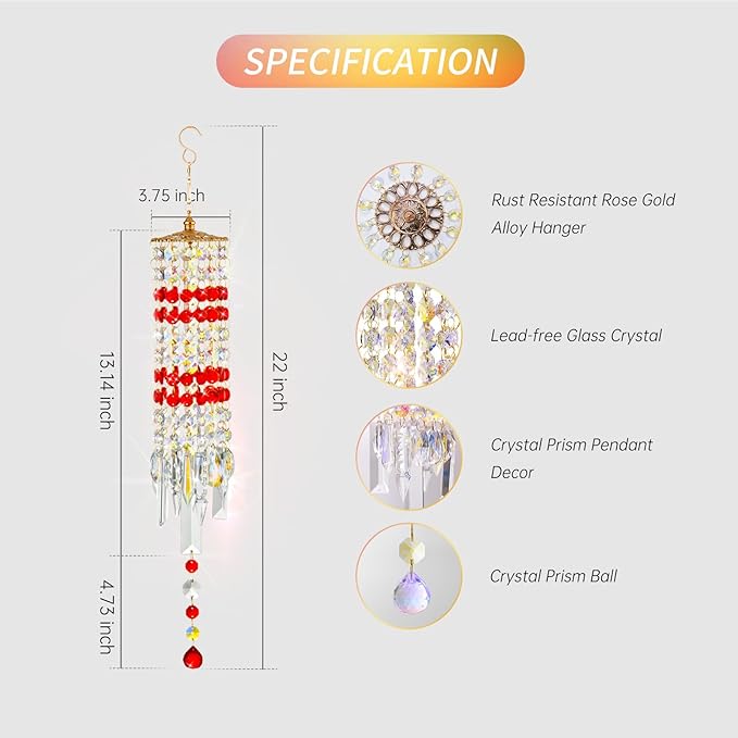 Crystal Wind Chimes for Outside with Rainbow Light Reflections Glass Bells and Rose Gold Alloy Hooks Indoor Outdoor Decor for Home Garden Patio Porch Birthday House Warming (Red)