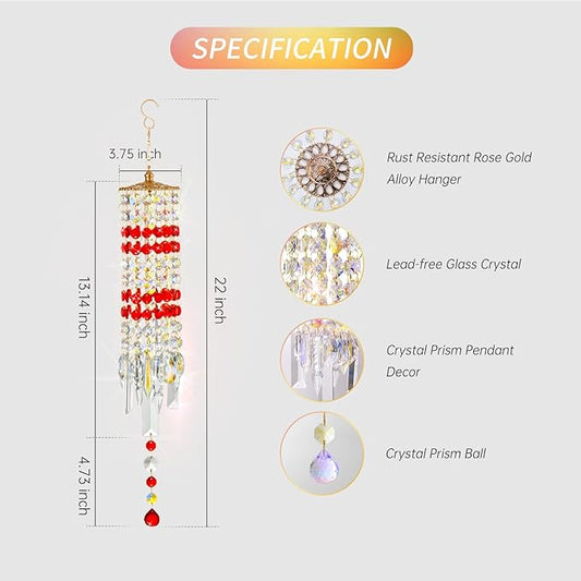 Crystal Wind Chimes for Outside with Rainbow Light Reflections Glass Bells and Rose Gold Alloy Hooks Indoor Outdoor Decor for Home Garden Patio Porch Birthday House Warming (Red)