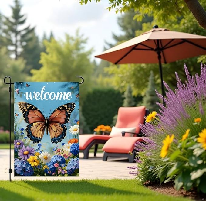 Welcome Spring Summer Garden Flag 12x18 Double Sided, Burlap Seasonal Farmhouse Rustic Butterfly Hydrangea Floral Garden Flags Spring Outdoor Decor, Small Decorative Yard Lawn Porch Flags for Outside