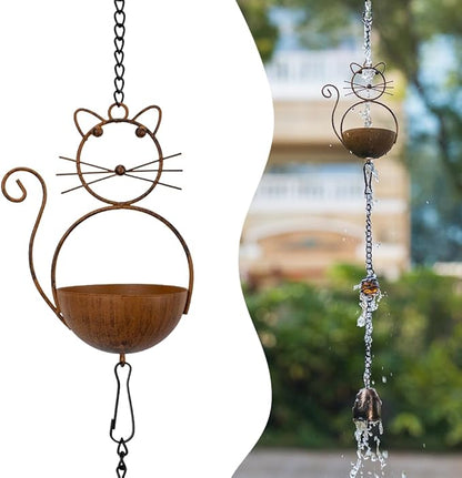 10.53ft Rain Chain for Outside, Rain Chain with 10 Cat Cups, Adjustable Rain Catcher Chain for Outside, Replacement Downspout for Gutters, Eaves, Drainage