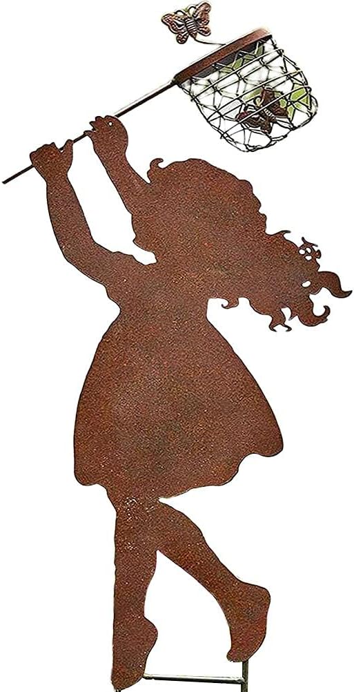 Boy Girl Silhouettes Chasing Butterfly Metal Vintage Garden Silhouette Sculpture Yard Garden Metal Stake Decor